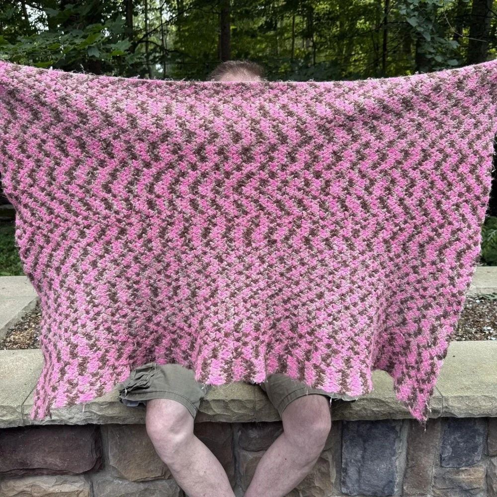 Handmade Crochet Chevron Ripple Lap Throw 46x33 Pink Brown Textured